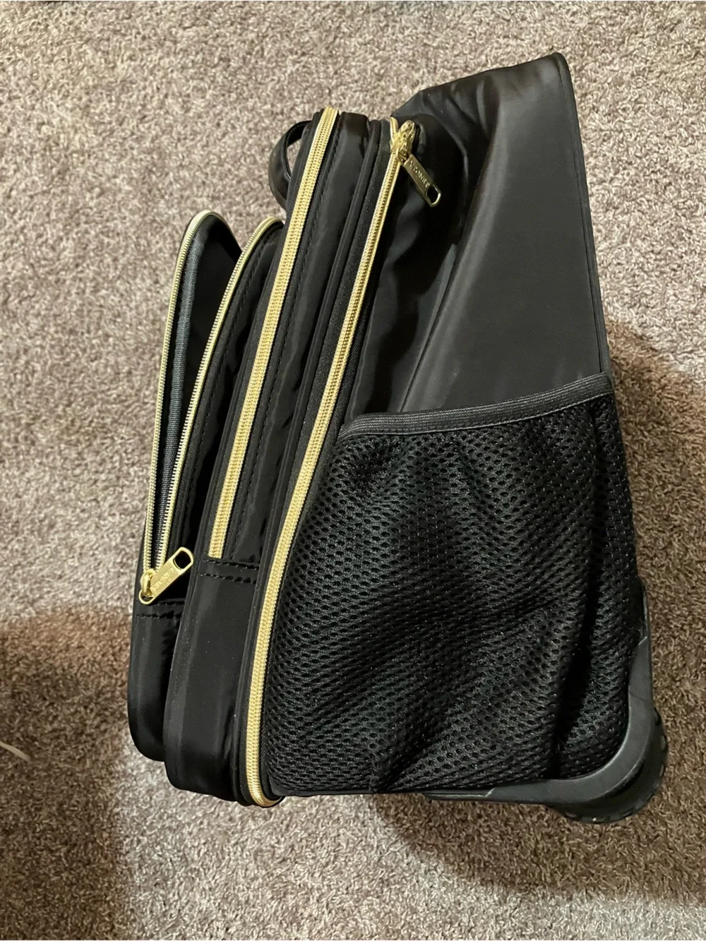 Quilted Black Rolling Travel Tote with Gold Accents